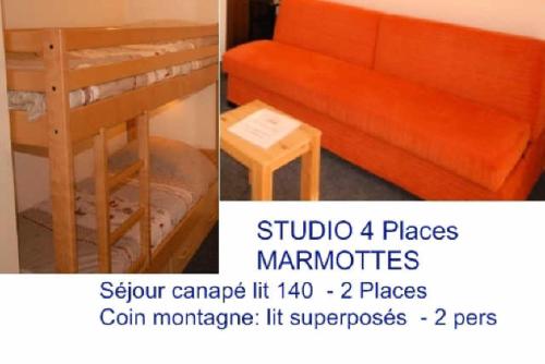 duas fotos de um banco e uma mesa num quarto em Résidence MARMOTTES - Studio pour 4 Personnes 004 em Gourette