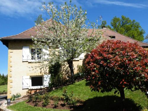 une maison avec un arbre en fleurs devant dans l'établissement Gîte de France Le clos de l'etang 2 épis - Gîte de France 3 personnes MAE-9004, à La Chapelle-aux-Brocs