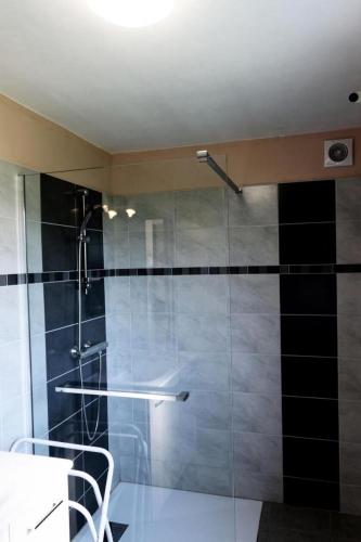 une salle de bain avec une douche avec une porte vitrée dans l'établissement Gîte de France Les palinières 3 épis - Gîte de France 4 personnes MAE-9384, à Saint-Cyprien