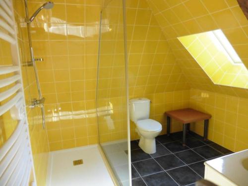 Un baño con inodoro y ducha de cristal. en Gîte de France Gîte la chapelle avec piscine 3 épis - Gîte de France 6 personnes MAE-9464, en Saint-Solve