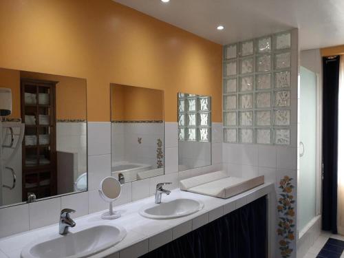 a bathroom with two sinks and a large mirror at Gîte de France Gîte des papous épis - Gîte de France 494 in Pierrefitte