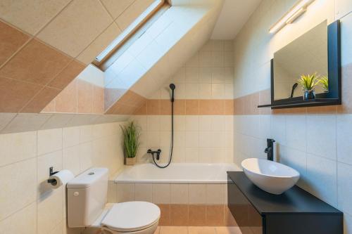 Nőtincs的住宿－Feel Good House，浴室配有卫生间、盥洗盆和浴缸。