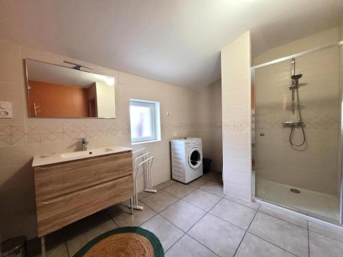 une salle de bain avec un lavabo et une machine à laver dans l'établissement Gîte de France La maison de thienot 3 épis - Gîte de France 3 personnes MAE-9724, à La Bitarelle