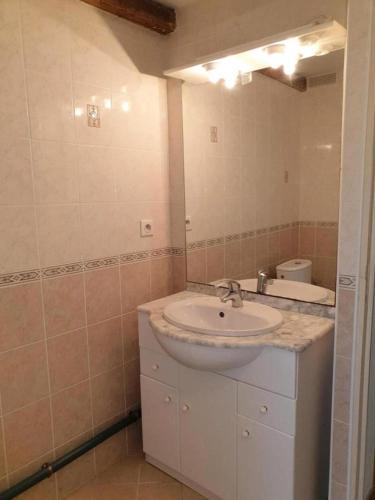 une salle de bain avec un lavabo et un miroir dans l'établissement Gîte de France Gîte de lachaud 3 épis - Gîte de France 4 personnes MAE-9774, à Albussac