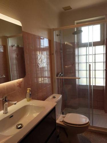 une salle de bain avec toilettes, lavabo et douche dans l'établissement Gîte de France à Soudaine-Lavinadière 3 épis - Gîte de France 5 personnes MAE-9954, à Soudaine-Lavinadière