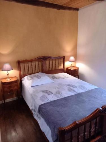 une chambre avec un grand lit avec deux tables de nuit dans l'établissement Gîte de France Gratte bruyère 3 épis - Gîte de France 8 personnes MAE-9984, à Sérandon