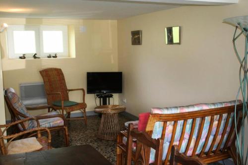 a living room with a couch and chairs and a television at Gîte de France Le carnyx 3 épis - Gîte de France 6 personnes MAE-9974 in Naves