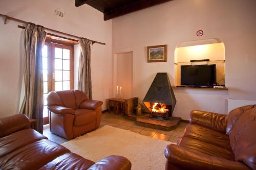 ein Wohnzimmer mit Couch und Kamin in der Unterkunft Red Stone Hills in Buffelskloof