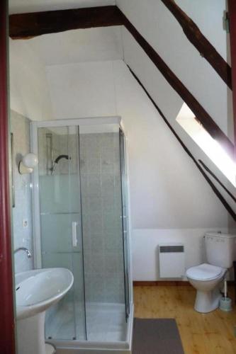 une salle de bain avec une douche en verre et des toilettes dans l'établissement Gîte de France Tsa cabretaïre 3 épis - Gîte de France 6 personnes MAE-0194, à Saint-Bonnet-les-Tours-de-Merle