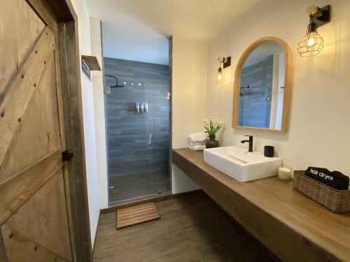 ein Badezimmer mit einem Waschbecken, einem Spiegel und einer Tür in der Unterkunft Estancia Cataviña Valle de Guadalupe in Valle de Guadalupe
