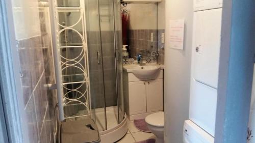 a bathroom with a shower and a toilet and a sink at Gîte de France Chirac du midi corrézien 3 épis - Gîte de France 6 personnes MAE-0324 in Turenne