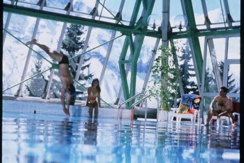 Un homme sautant dans l'eau dans une piscine dans l'établissement Résidence Rond-point-pistes I - Maxi studio 6 pers. n°38A le rond point des pistes 1 centre station MAE-7044, à Orcières