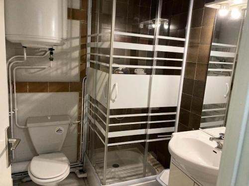 une salle de bain avec toilettes et douche en verre dans l'établissement Résidence Rond-point-pistes I - Mini studio 19m² au centre station à Orcières Merlette - Alpes du Sud MAE-7134, à Orcières