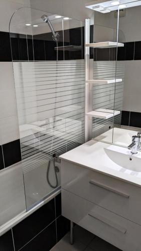 une salle de bain avec un lavabo et une douche dans l'établissement Résidence Rond-point-pistes I - Maxi studio 6 pers. au rond point des pistes n° 143 A MAE-7314, à Orcières