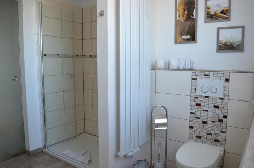 a bathroom with a shower and a toilet at Ferienwohnung Edelweiss in Bad Wilsnack