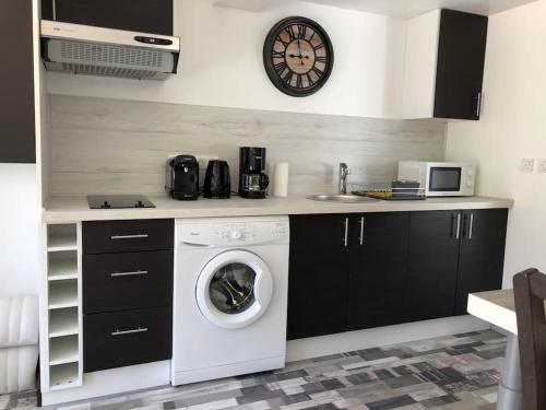 une cuisine avec une machine à laver et un évier dans l'établissement Belle adresse pour un séjour détente et découverte, à Trans-en-Provence