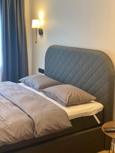 a bed with a blue headboard and two pillows at Forentinn Vilniaus 23 in Panevėžys