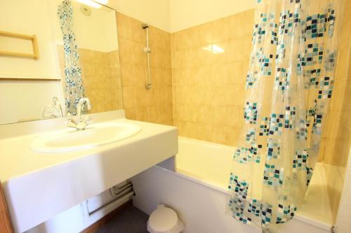 a bathroom with a sink and a shower curtain at Résidence Soldanelles - 2 Pièces pour 6 Personnes 21 in Peisey-Nancroix