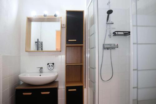 une salle de bain avec un lavabo et une douche avec un miroir dans l'établissement Résidence Les Carlines - Studio équipé pour 4 personnes vue pistes MAE-2304, à Le Mélézet