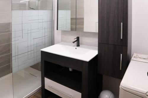 une salle de bain avec un lavabo et une douche dans l'établissement Résidence Les Cembros - 2 pièces 6 personnes MAE-2324, à Le Mélézet