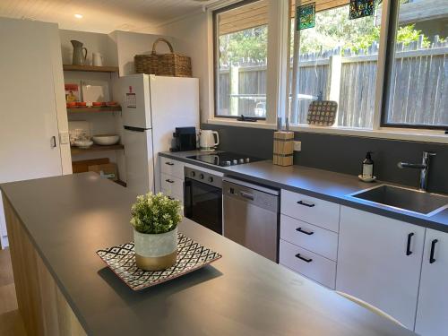a kitchen with a counter with a sink and a refrigerator at Lorne Groovy Ocean View Log House, Pet Friendly, FREE WIFI wine & chocolates kangaroos in the evening in Lorne