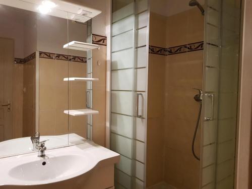 bagno con lavandino e doccia di Résidence Les Charmettes - Studio pour 2 Personnes 65 ad Arc 1600