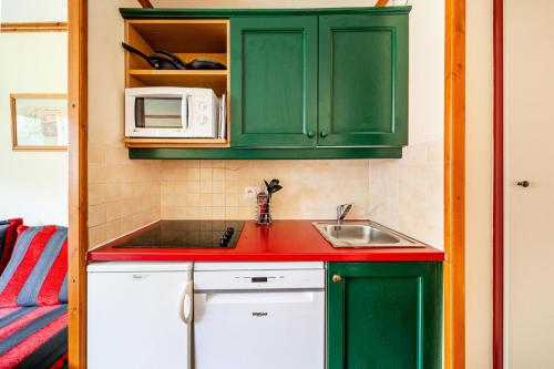 une cuisine avec des armoires vertes et un évier dans l'établissement Résidence L'Alpaga - maeva Home - Appartement 2 Pièces 5 Personnes - Budget MAE-4574, à La Salle Les Alpes