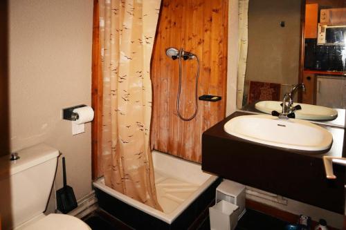 une salle de bain avec une douche, un lavabo et des toilettes dans l'établissement Résidence Le Belvedere - Mini studio 2 personnes MAE-7014, aux Orres