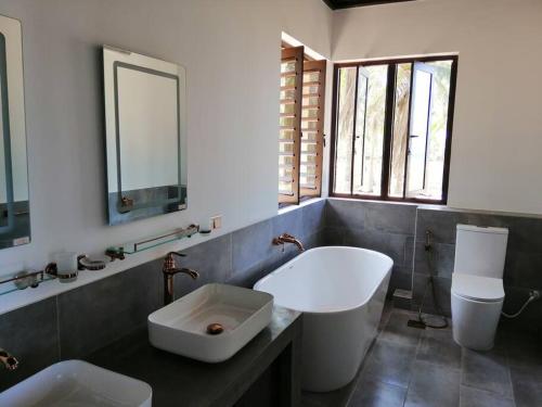 W łazience znajduje się umywalka, toaleta i lustro. w obiekcie Nayan's Paradise Beach Villa w mieście Puttalam