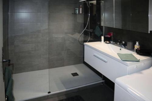 une salle de bain avec une douche avec un lavabo et des toilettes dans l'établissement Résidence Les Cembros - D104 LES CEMBROS 1650 MAE-4844, aux Orres