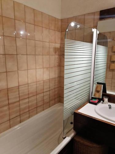 une salle de bain avec douche et lavabo dans l'établissement Résidence Le Cairn - Studio pour 4 Personnes 791, aux Orres