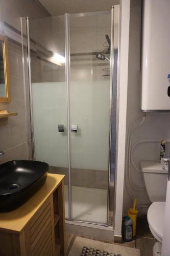 une salle de bain avec une douche avec un lavabo et des toilettes dans l'établissement Résidence Piniers - studio cabine 4 personnes MAE-2828, à Orcières