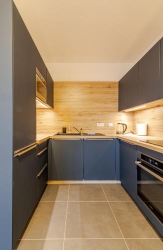 une cuisine avec des armoires bleues et un évier dans l'établissement Le Petit Paradis vue lac, à Annecy