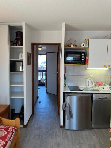 eine Küche mit einer Spüle und einer Arbeitsplatte in der Unterkunft La Balcons d olympie in Les Menuires