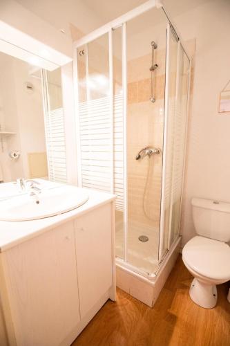 une salle de bain avec une douche, un lavabo et des toilettes dans l'établissement Résidence Belvedere Busseroles - RESIDENCE LE BELVEDERE 