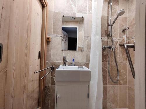 un bagno con lavandino e doccia di Résidence Saint Roch - Agréable Studio 4 Personnes à proximité des pistes+Coin cabine MAE-8044 a Puy-Saint-Vincent