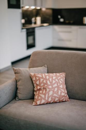 a brown couch with a pillow on it at Résidence Les Charmes in Boofzheim