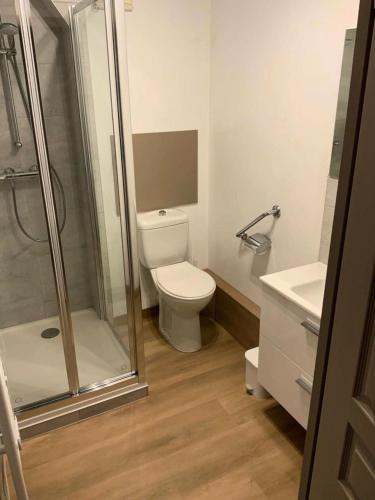 une salle de bain avec toilettes, douche et lavabo dans l'établissement Résidence Valeriane - La Valériane 4 - Studio proche de la rue piétonne et piste de luge MAE-8144, à Valmorel