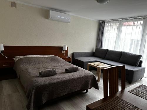 1 dormitorio con 1 cama y 1 sofá en Kompleks Apartament-Serwis, en Cracovia