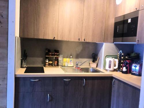 une cuisine avec un évier et un plan de travail dans l'établissement Résidence Cheval Blanc - Le Cheval Blanc C27 - Joli studio rénové au pied des pistes MAE-1194, à Valmorel