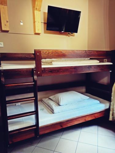 a room with two bunk beds and a television at Green Hostel Wrocław przy ZOO in Wrocław