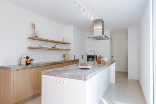 a white kitchen with a counter and a sink at Huswell - Beautiful vacation home 'Valkehuisje' in Poperinge in Poperinge