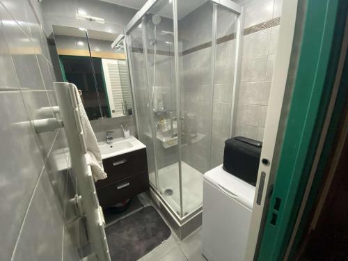 a bathroom with a shower and a toilet and a sink at Bel appartement climatisé en rez de jardin, plage à 200 m, idéal vacances in Saint-Elme