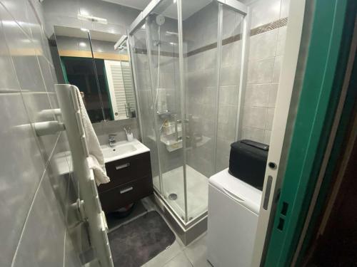 une salle de bain avec une douche, des toilettes et un lavabo dans l'établissement Bel appartement climatisé en rez de jardin, plage à 200 m, idéal vacances, à Saint-Elme