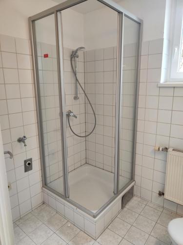 a shower with a glass door in a bathroom at Wohnungen Bachhaus in Traun