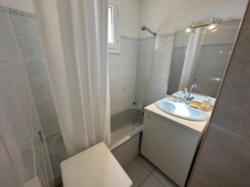 une salle de bain avec un lavabo, des toilettes et une douche dans l'établissement Piscine, plage à pied, 2 chambres, à Six-Fours-les-Plages