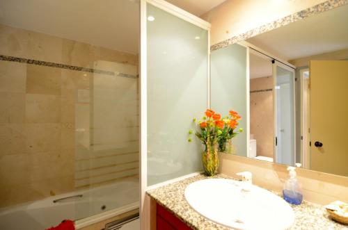 een badkamer met een wastafel, een spiegel en een bad bij Apartamento ILLA MAR DOR 335 in L'Estartit