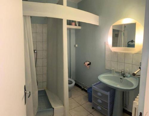 a bathroom with a sink and a toilet and a mirror at Résidence Schuss - Pièces 964 in Vars