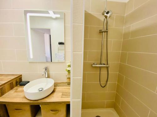 une salle de bain avec un lavabo, un miroir et une douche dans l'établissement ''Ophélia 22'' Joli T2 avec clim et parking, à Sète