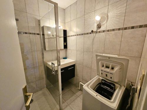 uma casa de banho com um lavatório e uma cabina de duche em vidro. em Au coeur du village,6 couchages em Saint-Mandrier-sur-Mer